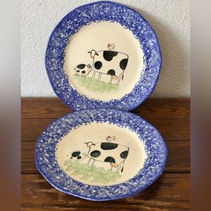 Vintage Molly Dallas Cow Motif Blue Spongeware Plates Set of 2